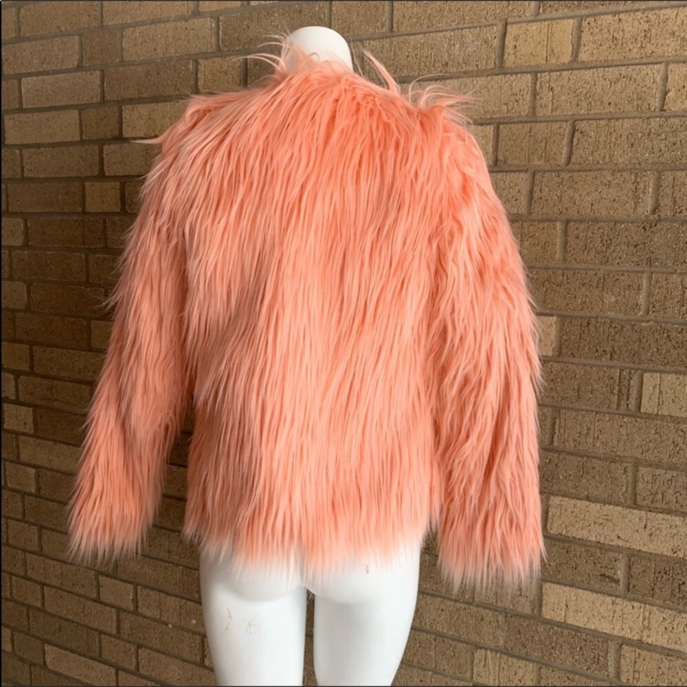 Faux Fur Peach Pink Jacket - Women's Plush Coat - Picture 2 of 5
